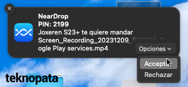 macOS jakinarazpena, NearDrop bidalketa bat jasotzeko baimena eskatuz