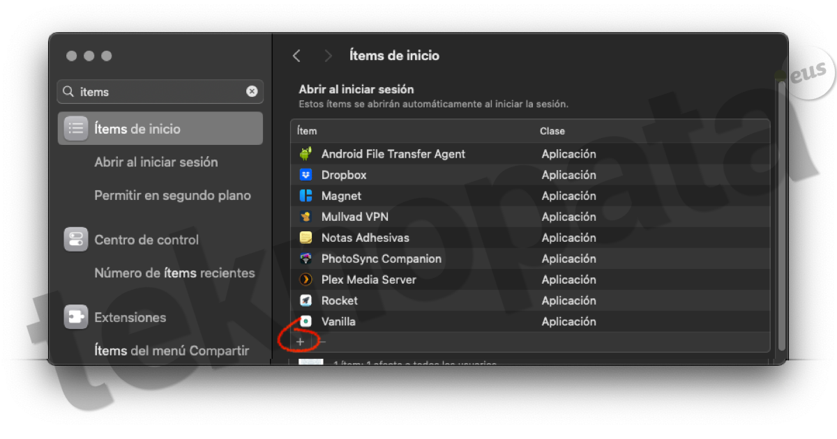 macOS sistema ezarpenak -> abioko itemak