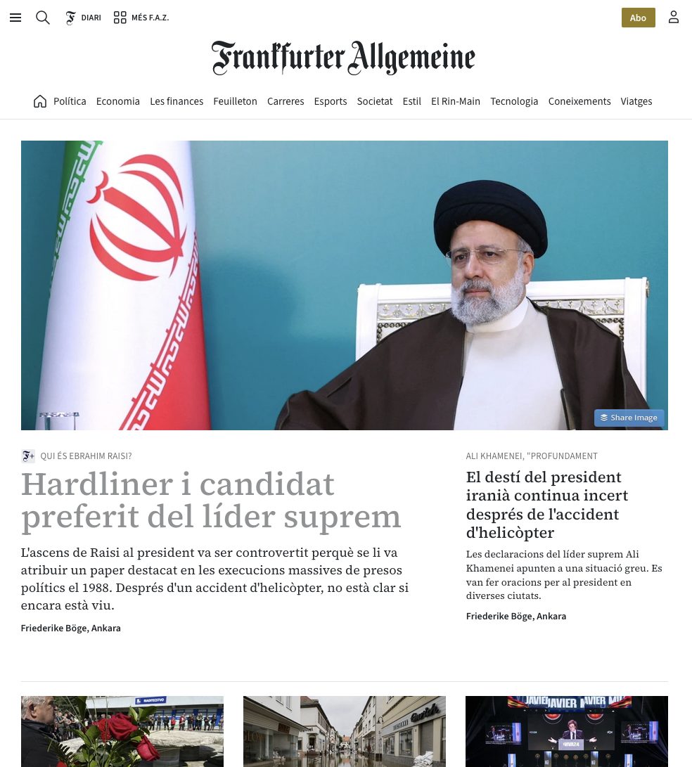 Frankfurter Allgemeine egunkari alemanaren portada, katalanez, Firefoxen berezko itzultzailearen bidez